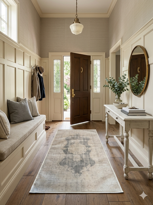2' x 4' Runner Gray & Ivory Distressed Medallion Traditional Washable Area Rug styled in an entryway with a bench and console table.