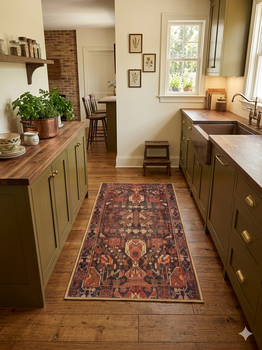 2' x 4' Runner Rust & Black Tribal Geometric Traditional Area Rug styled in a kitchen with wood cabinetry, open shelving, and natural light.