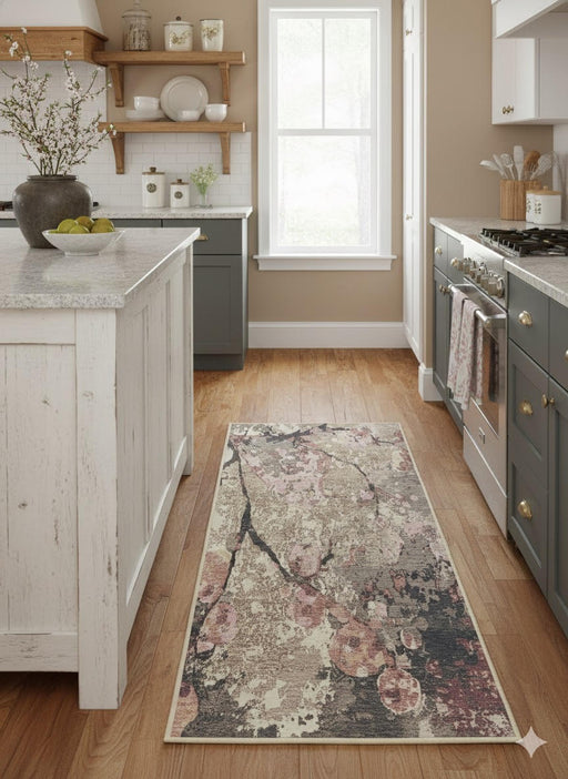 2' x 5' Multi Color Vintage Floral Distressed Runner Accent Rug placed in a bright kitchen walkway.