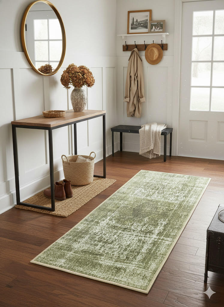2' x 5' Olive Green Cream / Off-White Modern Distressed Runner Rug placed in a bright entryway with wood floors and farmhouse decors.  