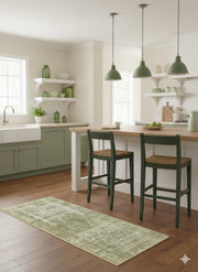 2' x 5' Olive Green Cream / Off-White Modern Distressed Runner Rug placed in a modern farmhouse kitchen beside a wood island.