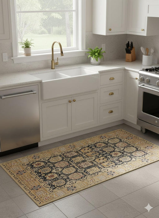 2' x 5' Rectangular Beige & Charcoal Geometric Tribal Traditional Washable Area Rug placed in a bright modern kitchen interior.