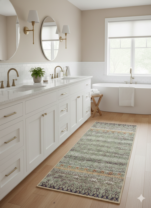 2' x 5' Rectangular Sage Green Multicolor Washable Area Rug placed in washroom area