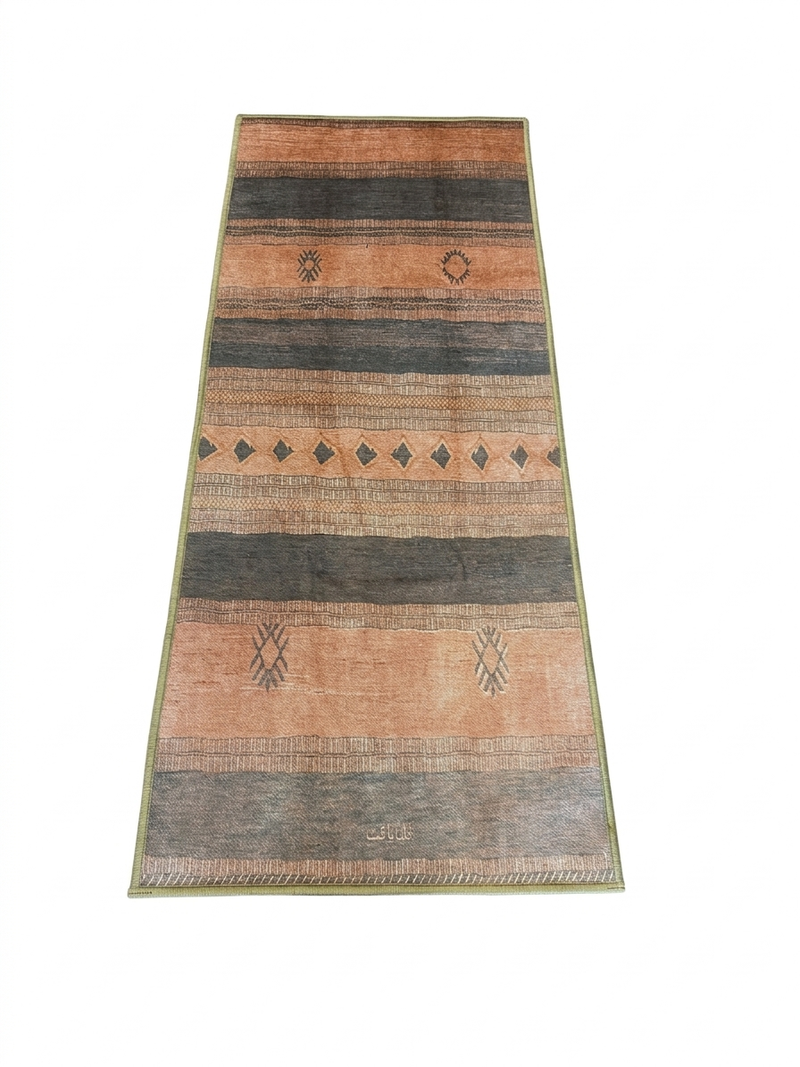 2' x 5' Runner Beige & Brown Tribal Striped Traditional Washable Area Rug isolated on a white background.