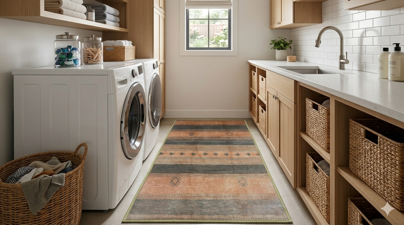 2' x 5' Runner Beige & Brown Tribal Striped Traditional Washable Area Rug styled in a laundry room with washer and dryer and storage shelves.
