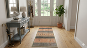 2' x 5' Runner Beige & Brown Tribal Striped Traditional Washable Area Rug styled in an entryway with a console table and decor.