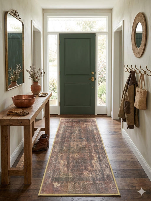 2' x 5' Runner Brown & Beige Distressed Vintage Traditional Washable Area Rug styled in an entryway hallway.