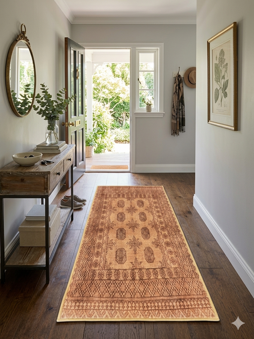 2' x 5' Runner Brown & Beige Tribal Geometric Traditional Area Rug styled in an entryway hallway with a console table and wall decor.
