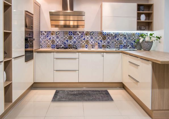 2' x 5' Runner Charcoal Gray & Dusty Purple Modern Oriental Area Rug placed in a modern kitchen interior.
