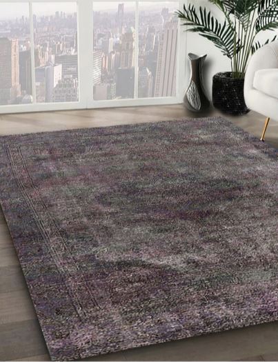 2' x 5' Runner Charcoal Gray & Dusty Purple Modern Oriental Area Rug styled in a contemporary living room with large city view windows.