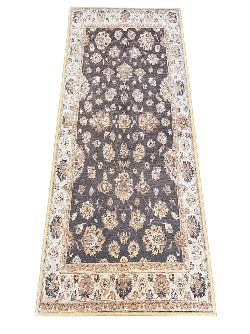 2' x 5' Runner Charcoal & Ivory Floral Traditional Washable Area Rug displayed on a plain background.