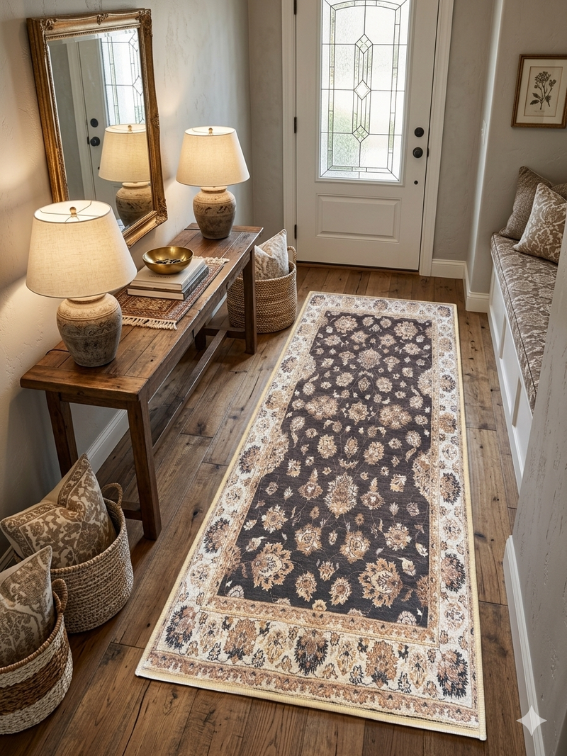 2' x 5' Runner Charcoal & Ivory Floral Traditional Washable Area Rug placed in a welcoming entryway beside a wooden console table.