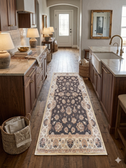 2' x 5' Runner Charcoal & Ivory Floral Traditional Washable Area Rug styled in a warm farmhouse kitchen between wooden cabinets.