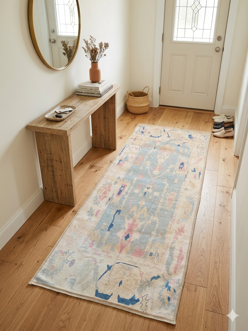 2' x 5' Runner Ivory Blue Distressed Tribal Modern Washable Area Rug placed in a bright entryway with a natural wood bench and round wall mirror.