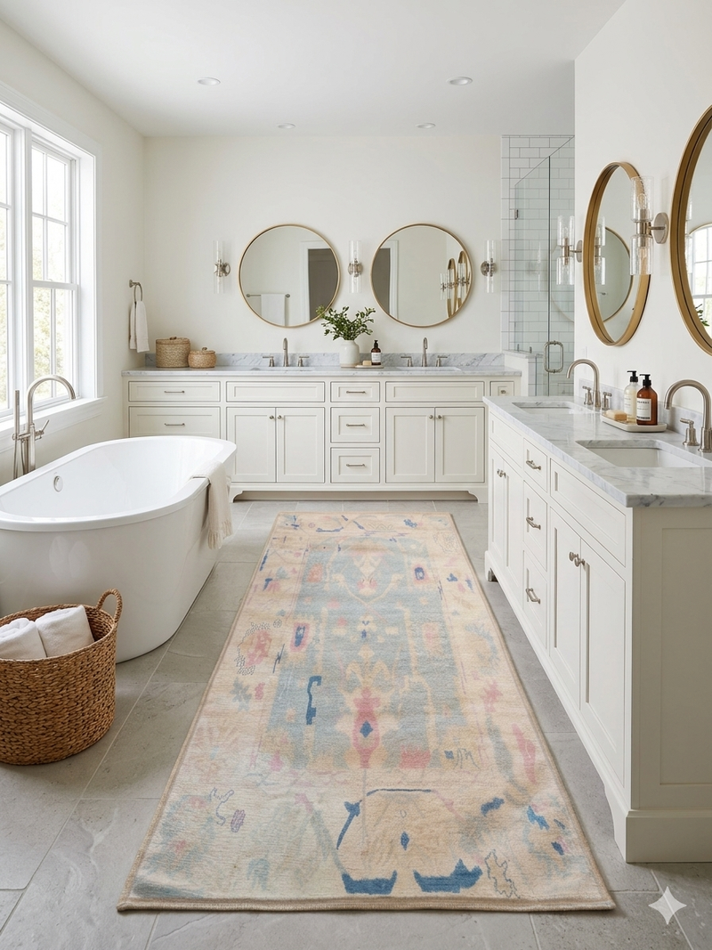 2' x 5' Runner Ivory Blue Distressed Tribal Modern Washable Area Rug placed in a spacious bathroom with double vanities and a freestanding soaking tub.