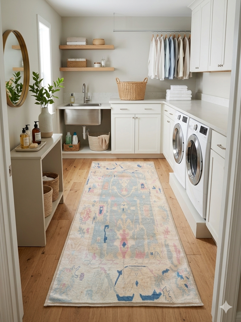 2' x 5' Runner Ivory Blue Distressed Tribal Modern Washable Area Rug styled in a clean laundry room with white cabinetry and front-loading washer and dryer.