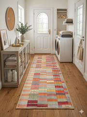 2' x 5' Runner Multi-Color Patchwork Striped Bohemian Area Rug styled in a laundry room.