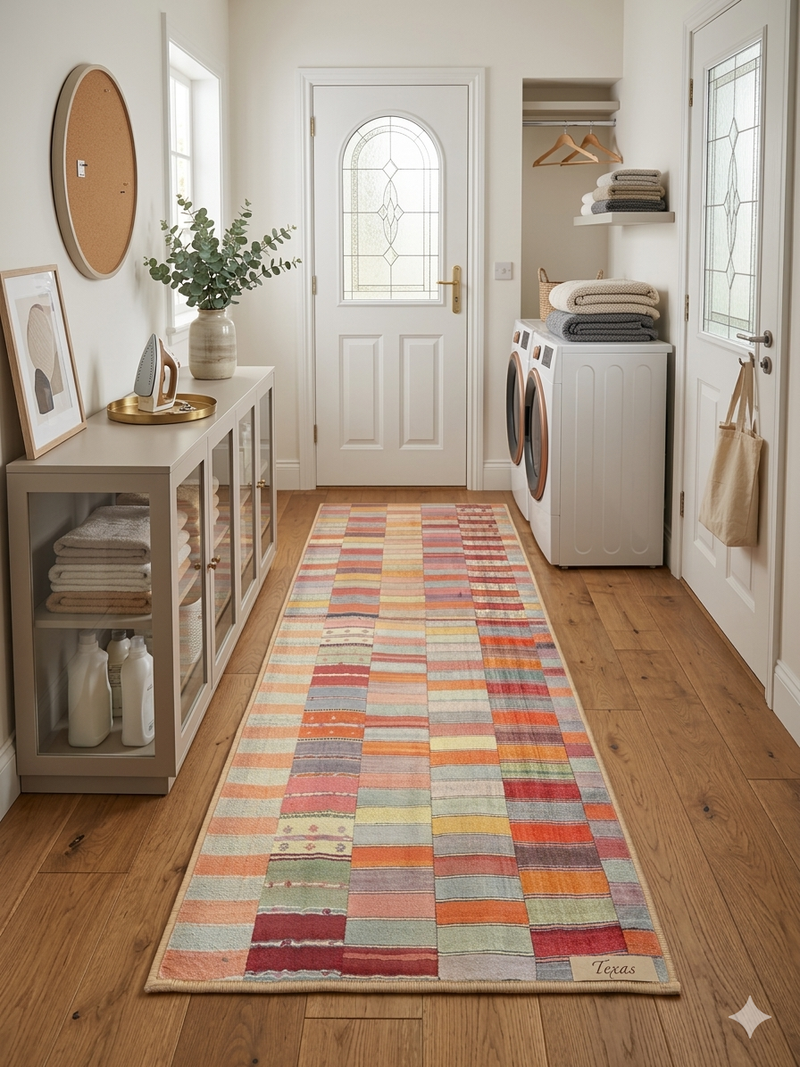 2' x 5' Runner Multi-Color Patchwork Striped Bohemian Area Rug styled in a laundry room.
