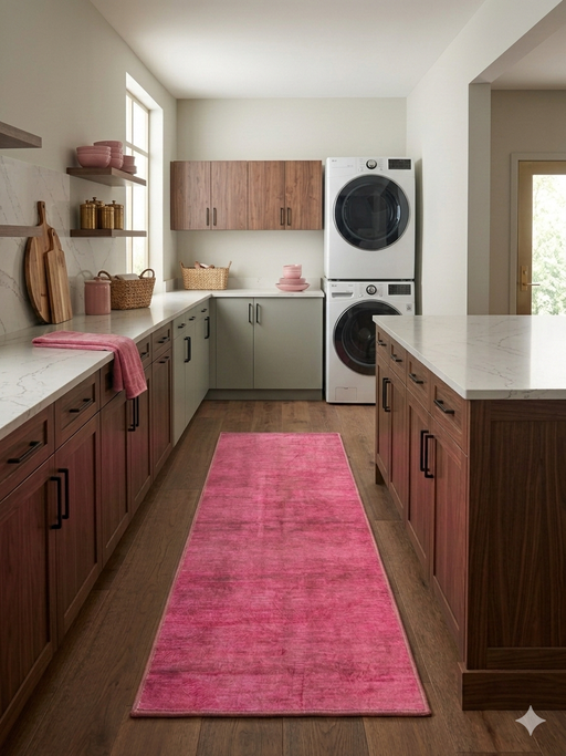 2' x 5' Runner Pink Distressed Modern Contemporary Area Rug placed in a laundry room walkway between cabinets.
