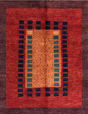 2' x 5' Runner Red Blue Orange Abstract Oriental Rug product view highlighting the rectangular geometric design and contrasting border pattern.
