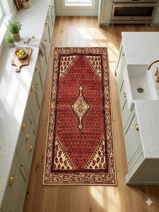 2' x 5' Runner Red & Ivory Tribal Geometric Medallion Traditional Washable Area Rug styled in a kitchen with cabinets and a sink.