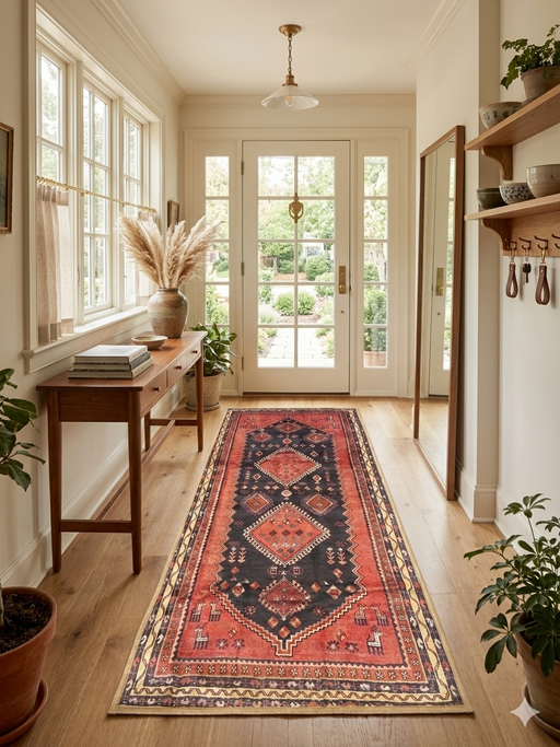 2' x 5' Runner Rust Red & Black Tribal Geometric Medallion Traditional Washable Area Rug styled in an entryway with a console table and plants.