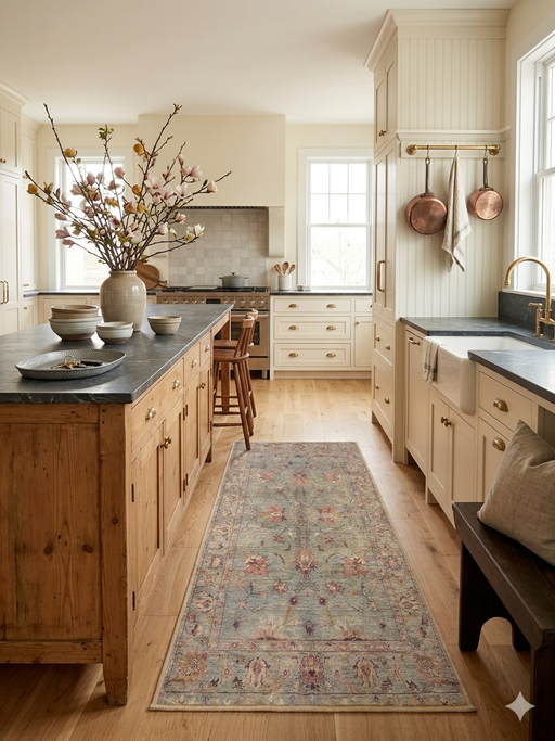 2' x 5' Runner Sage Green & Blush Floral Traditional Washable Area Rug styled in a kitchen with light wood cabinetry, brass fixtures, and soft natural lighting.