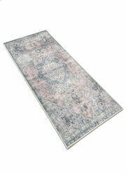 2' x 5' Soft Blue-Gray Blush Pink  Runner Rug with Vintage Floral Pattern