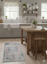 2' x 5' Soft Blue-Gray Blush Pink Vintage Floral Runner Rug placed in a modern farmhouse kitchen beside a wood island.