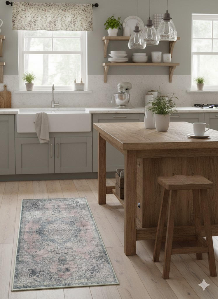 2' x 5' Soft Blue-Gray Blush Pink Vintage Floral Runner Rug placed in a modern farmhouse kitchen beside a wood island.