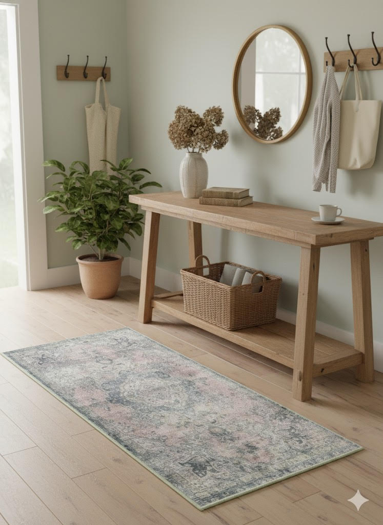 2' x 5' Soft Blue-Gray Blush Pink Vintage Floral Runner Rug styled in a bright entryway with wood floors and farmhouse decors.