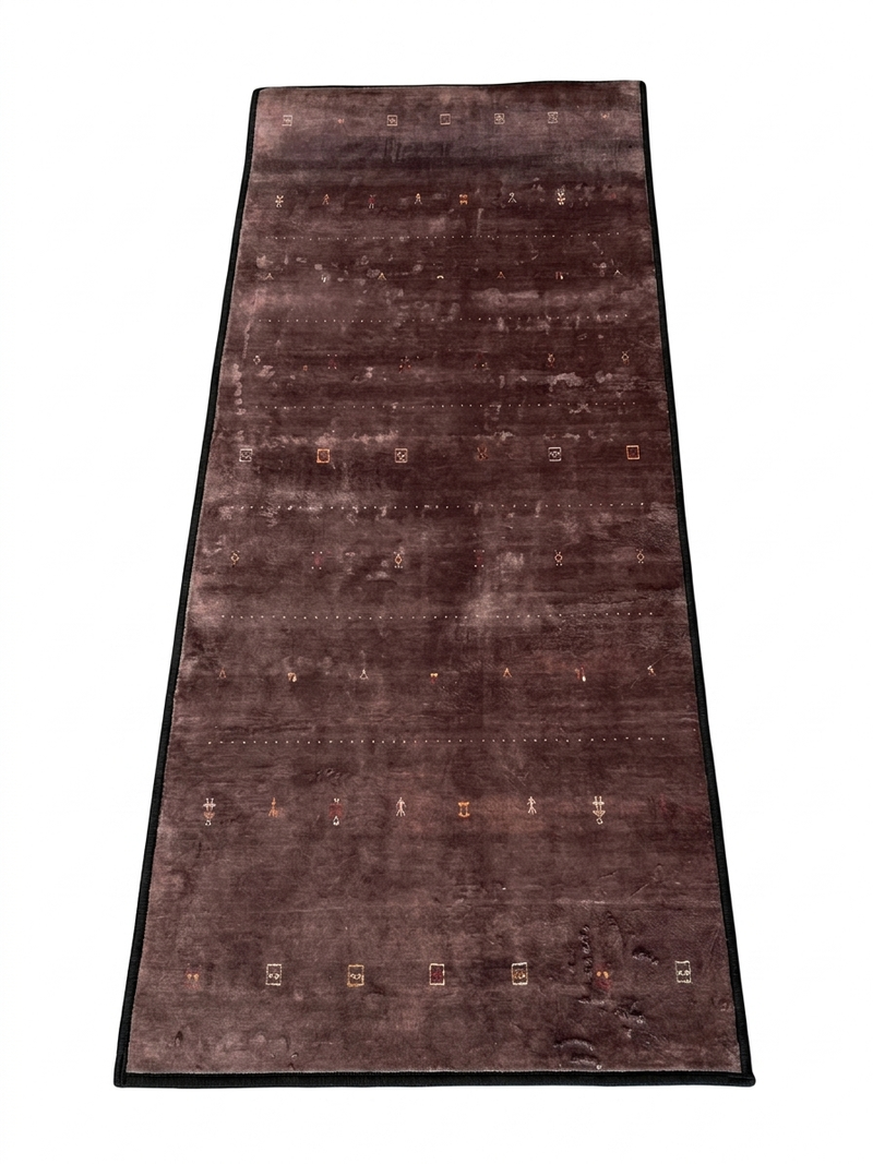 2' x 5' rectangular brown & rust geometric minimalist modern area rug isolated on a white background.