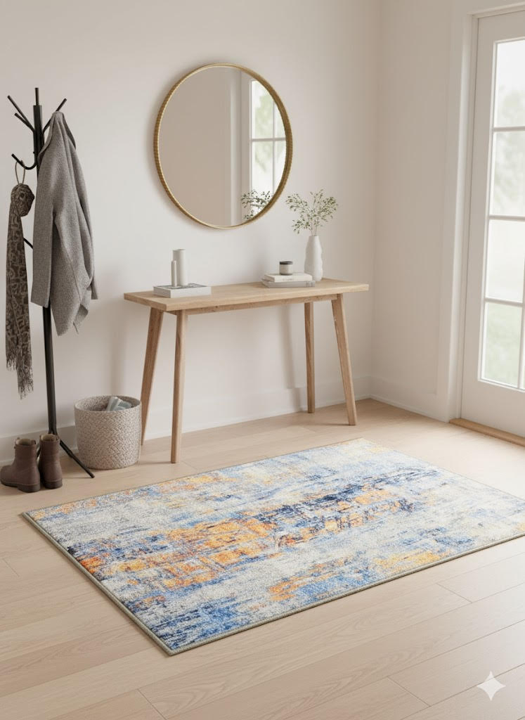 2ft x 3ft Rectangular Blue & Orange Distressed Abstract Contemporary Area Rug styled in a minimalist entryway.