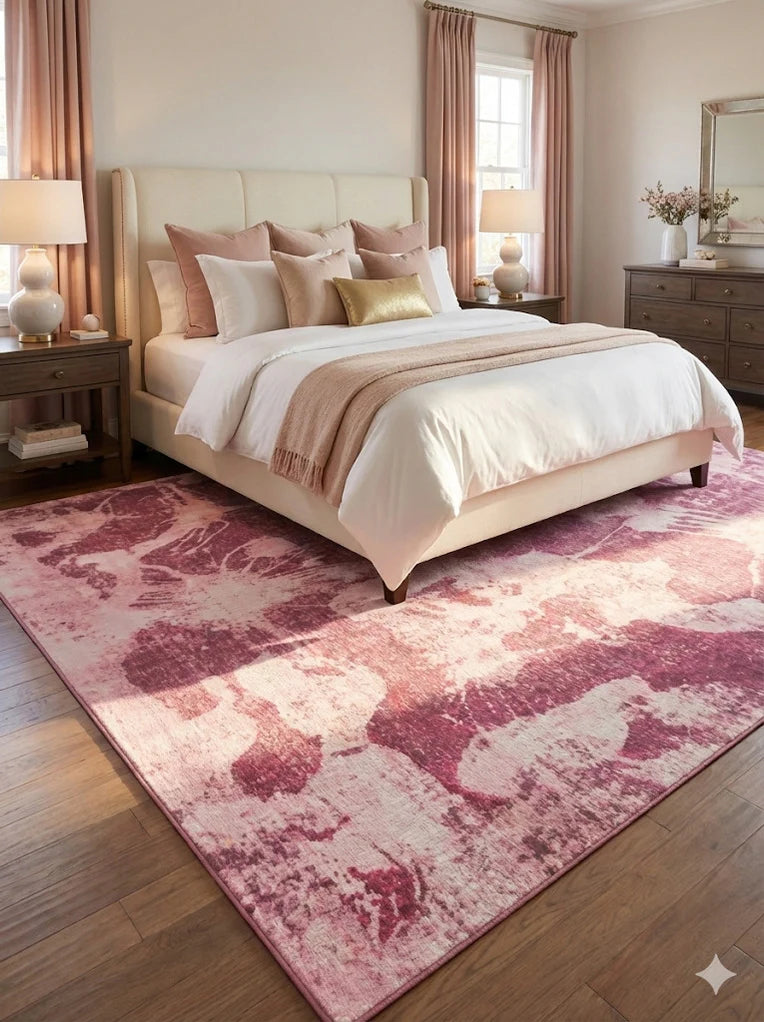 7' x 9' Pink White Distressed Abstract Modern Washable Non Slip Backing Area Rug