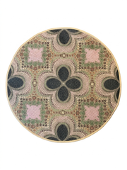 3' Round Pink Green Geometric Bohemian Washable Area Rug displayed on a white background, highlighting its circular geometric pattern with soft pink, green, beige, and charcoal tones.