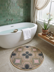 3' Round Pink Green Geometric Bohemian Washable Area Rug placed in a spa-inspired bathroom beside a freestanding tub with green tile walls and natural decor.