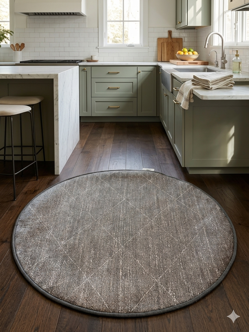 3' Round Taupe Gray Distressed Minimalist Modern Washable Area Rug placed in a kitchen with sage cabinetry, marble countertops, and warm wood flooring.