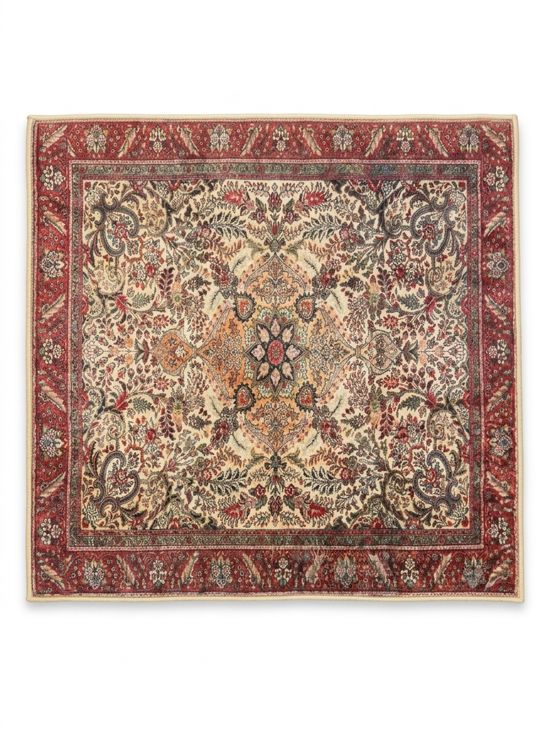 5' x 7' Rectangular Red & Blue Tribal Geometric Medallion Traditional Area Rug styled in a home office with a desk and rolling chair.