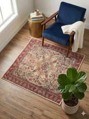 3' x 3' Square Ivory & Red Floral Medallion Traditional Area Rug styled in a cozy corner with an accent chair and side table.
