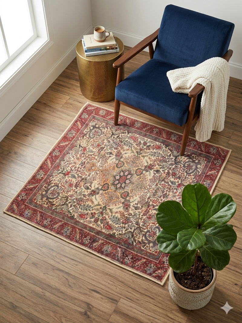 3' x 3' Square Ivory & Red Floral Medallion Traditional Area Rug styled in a cozy corner with an accent chair and side table.