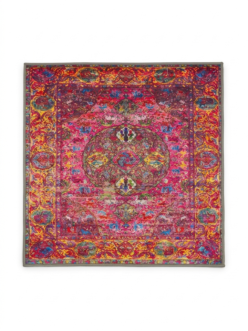 3' x 3' Square Pink & Multicolor Distressed Medallion Bohemian Washable Area Rug displayed on a plain background.