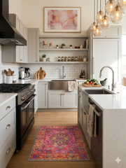 3' x 3' Square Pink & Multicolor Distressed Medallion Bohemian Washable Area Rug styled in a bright modern kitchen between white cabinets.