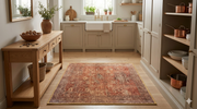 3' x 3' Square Rust & Ivory Distressed Oriental Vintage Area Rug placed in a warm farmhouse kitchen.
