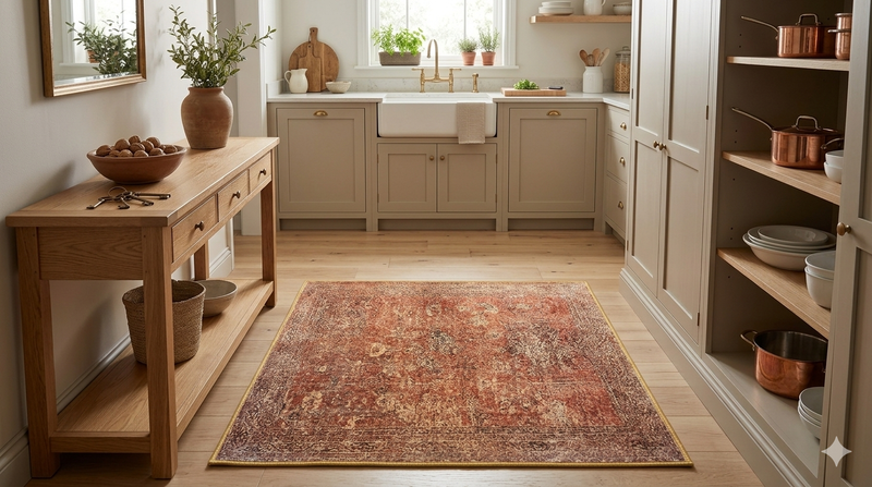 3' x 3' Square Rust & Ivory Distressed Oriental Vintage Area Rug placed in a warm farmhouse kitchen.