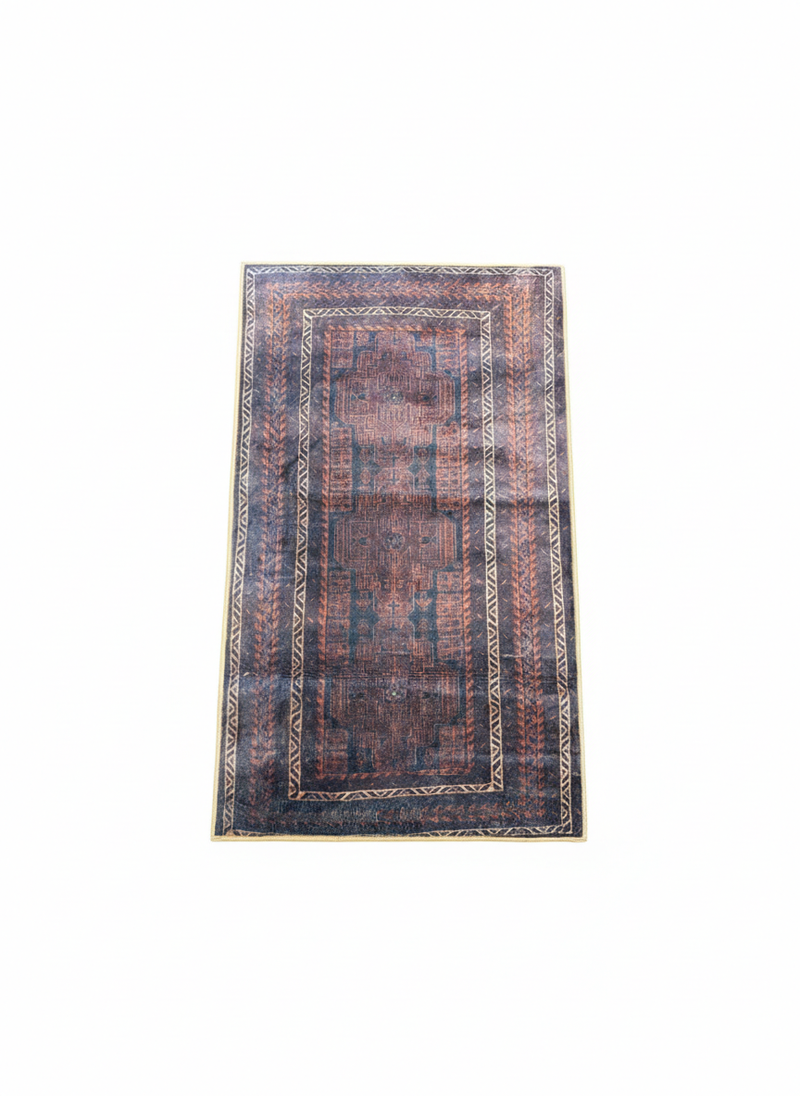 3' x 5' Rectangle Navy Blue Rust Area Rug in Distressed Geometric and Vintage Pattern.