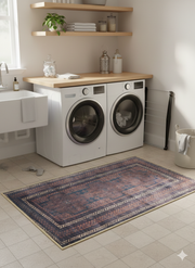 3' x 5' Rectangle Navy Blue Rust Distressed Geometric Vintage Area Rug  placed in laundry area.