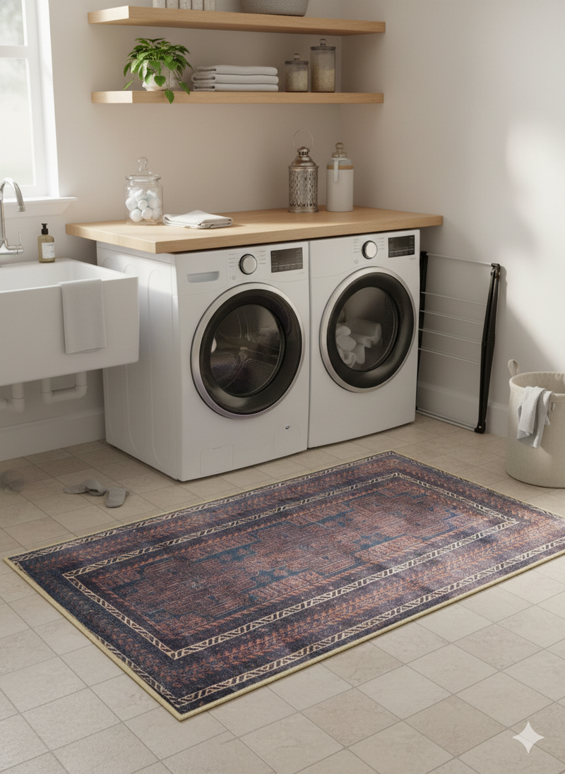 3' x 5' Rectangle Navy Blue Rust Distressed Geometric Vintage Area Rug  placed in laundry area.