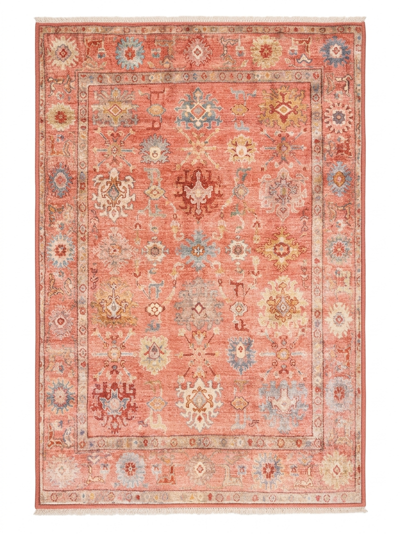 3' x 5' Rectangular Coral & Multicolor Floral Medallion Vintage Traditional Area Rug isolated on a white background.