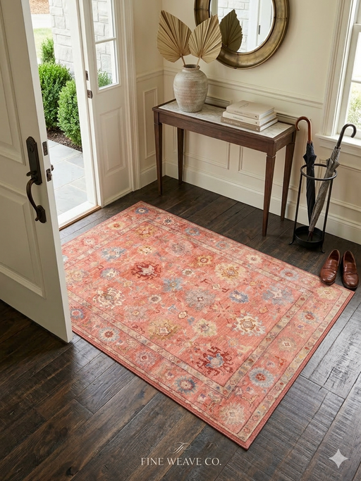 3' x 5' Rectangular Coral & Multicolor Floral Medallion Vintage Traditional Area Rug styled in a bright entryway.