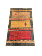 3' x 5' Rectangular Gold Red Geometric Southwestern Area Rug isolated on a white background.